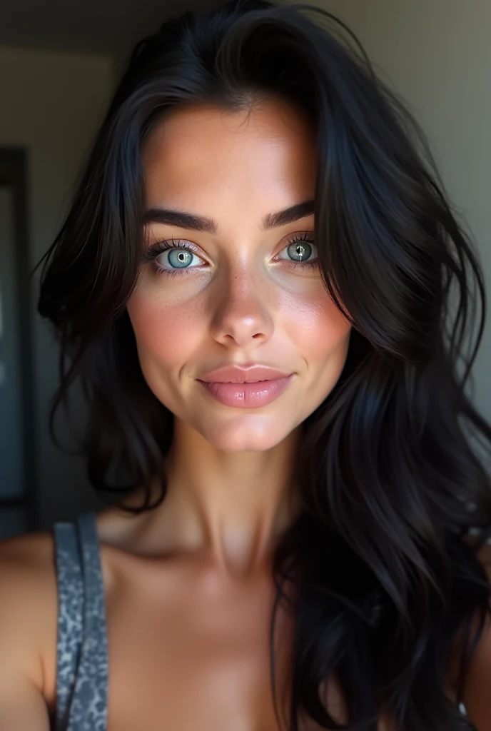 oeuvre d'art, best quality),visage parfait, trés tetas grandes, ((tetas grandes)), nice face, blue eyes, wavy black hair ,selfie d'a beautiful young woman, prise avec l'appareil photo de l'iPhone