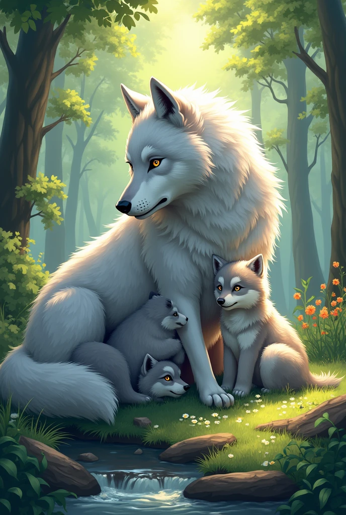 Create an anime-style image of a she-wolf caring for her cubs