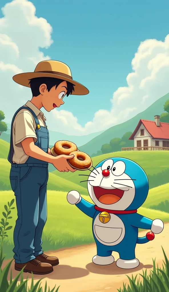 Doraemon was given donuts by the farmer 


