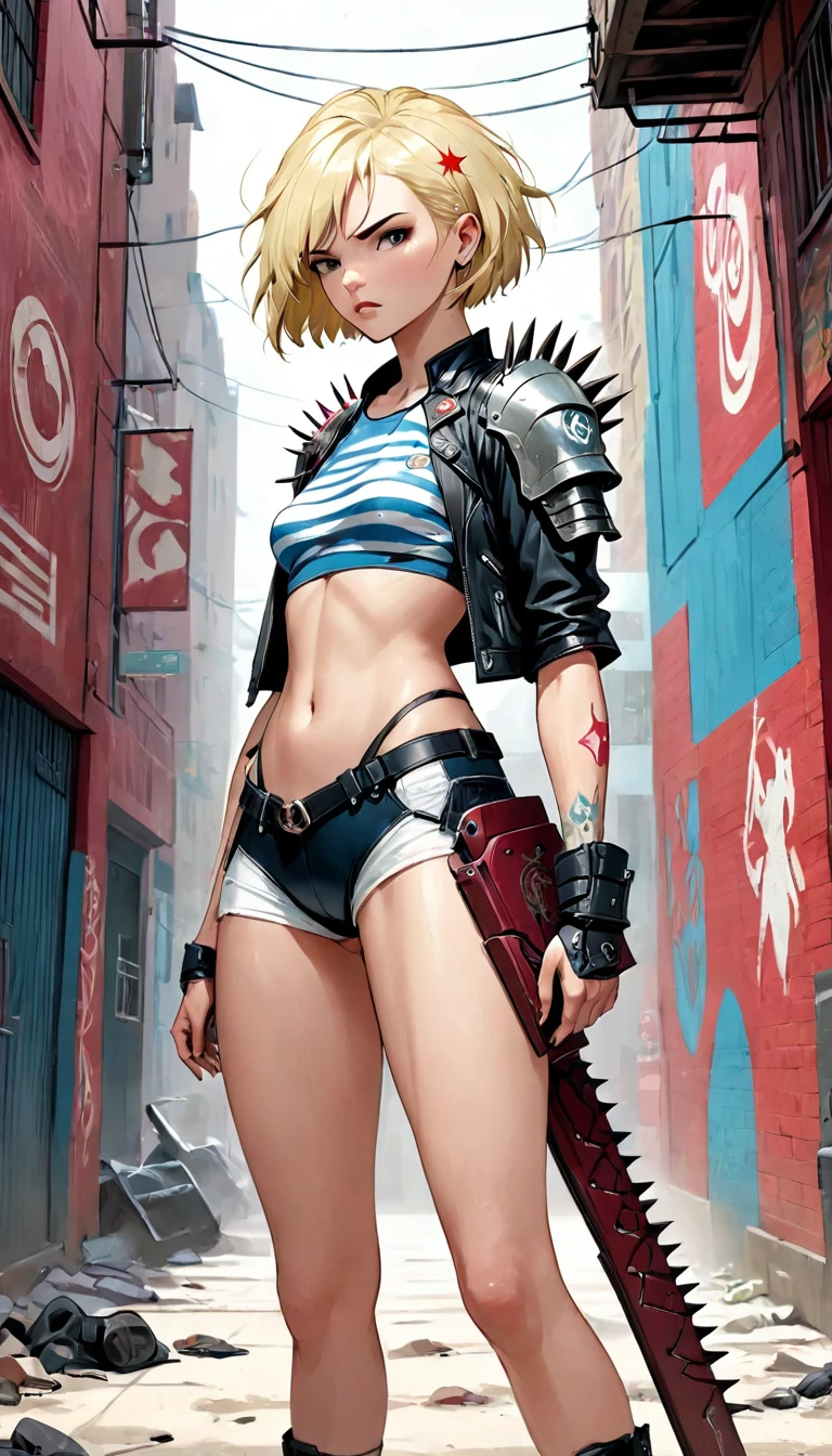 anatomically correct:1.4, CG K Ultrarealistic ,((premium、8k、32K、masterpiece:1.3)), (ilustrACión superfina)、(super high resolution), (((adult body))), (((1 girl in))), ((( short hair bob ))), ((25 year old cyberpunk Gladiator with a black leather jacket and a perfect body, with spikes:1.6)), Hombreras with spikes metálicas..., Gladiadores in Brooklyn, (( short hair bob )), Torn rugby team t-shirt, Almost naked in the wild urban style of Simon Bisley, Short blonde hair, minimal clothing, Metallic protection on the left arm with complex graphics......, dark red with white stars and blue and white stripes.., armor, lleno de púas y remAChes., poison tattoo (((Imagen desde la rodilla hACia arriba))), short white blonde hair, In the background、 There is a wall with an intricate design painted by Shepard Fairey..., AC_neg1