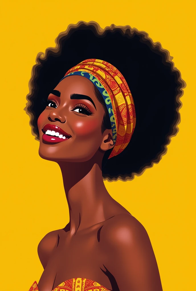 beautiful afro woman with palenquero turban smiling in profile looking up in vector style with yellow background