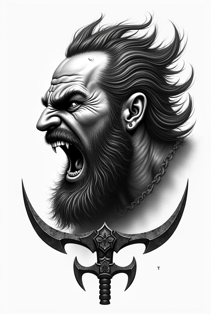 Create a black and white tattoo of a Viking's face in pointillism, profile view, screaming, with Viking runes and sharp axes for a tattoo.