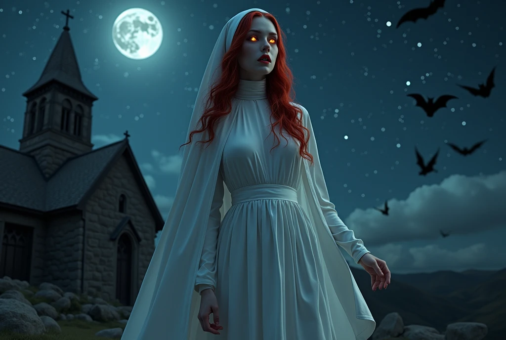 (no nudity: 1.5), a picture of an exquisite beautiful female nun vampire standing under the starry night sky on the porch of her monastery, (pale skin: 1.3), red hair, wavy hair, dynamic eyes color, cold eyes, glowing eyes, intense eyes, dark red lips, ((fangs: 1.1)), wearing (white nun uniform: 1.3), long cloak, flowing cloak, wearing (high heeled boots: 1.3), sky full of stars background, moon, bats flying about, action shot, high details, best quality, 16k, ((ultra detailed: 1.5)), masterpiece, best quality, portrait shot, photorealism, dark fantasy art, gothic art, many stars, sense of dread, GlowingRunesAI_red, Cinematic Hollywood Film style, , dark novel, Cinematic Hollywood Film style