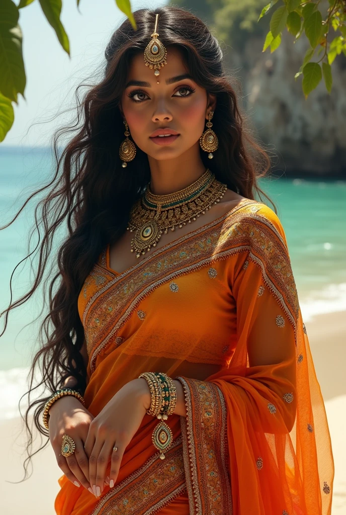 a woman in a sari posing for a picture, indian goddess, traditional beauty, indian, beautiful goddess, ornate cosplay, indian style, indian super model, beautiful maiden, gorgeous woman, south east asian with long, provocative indian, gorgeous beautiful woman, intricate outfit, hindu aesthetic, beautiful asian girl, extremely detailed goddess shot, jaw-dropping beauty, big boobs deep cleavage sexy navel, big  deep cleavage, sexy indian women, massive  in sexy bikni fusion full body, beach back ground. the forehead  Couple's sandals.