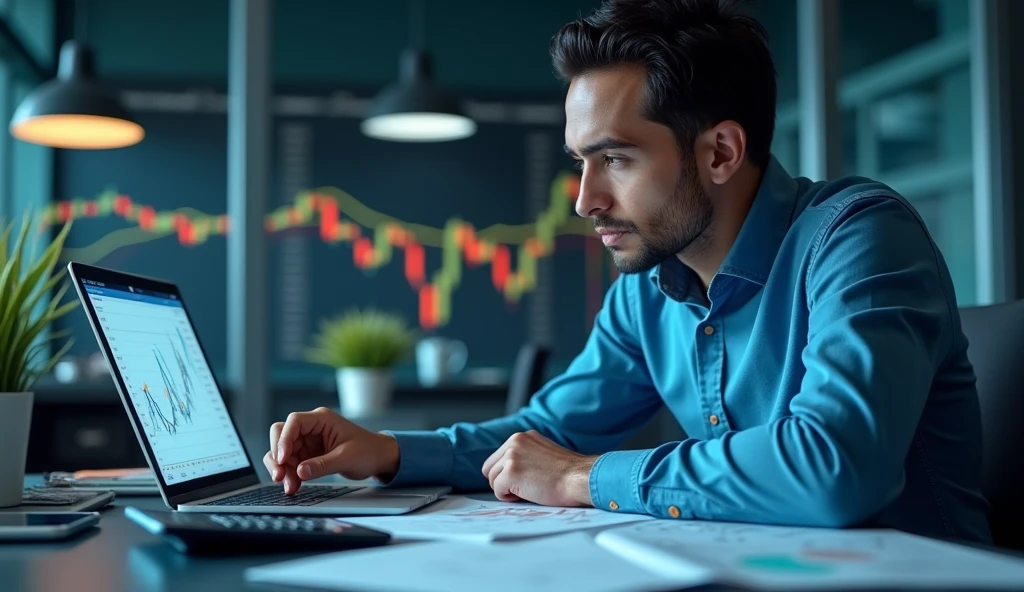 "A person reinvesting dividends shown by a graph of compounding growth, with stock market data and a calculator in the foreground, ar 16:9"