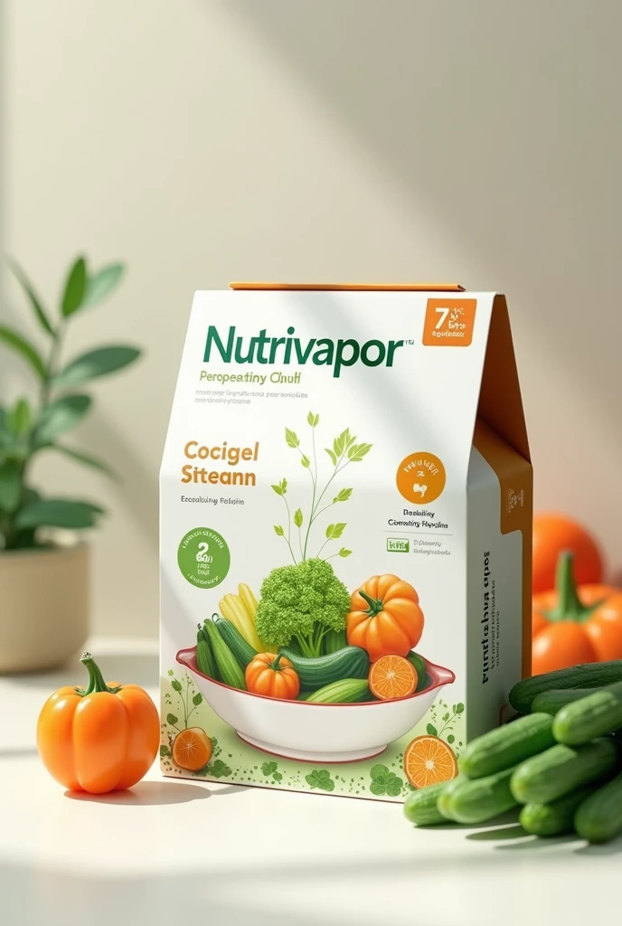 Create an image of a packaging for steaming cooked vegetables and put the Nutrivapor brand on it.