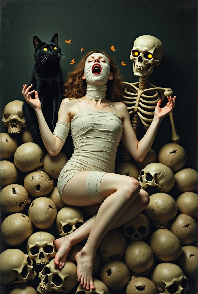 Make a woman completely bandaged all over her body, except in the mouth and eyes, lying on top of a pile of skulls, with his mouth open, flies and butterflies coming out, a black cat, half a skeleton with yellow eyes, lying beside, camera from above, showing the whole body, renascentist style.