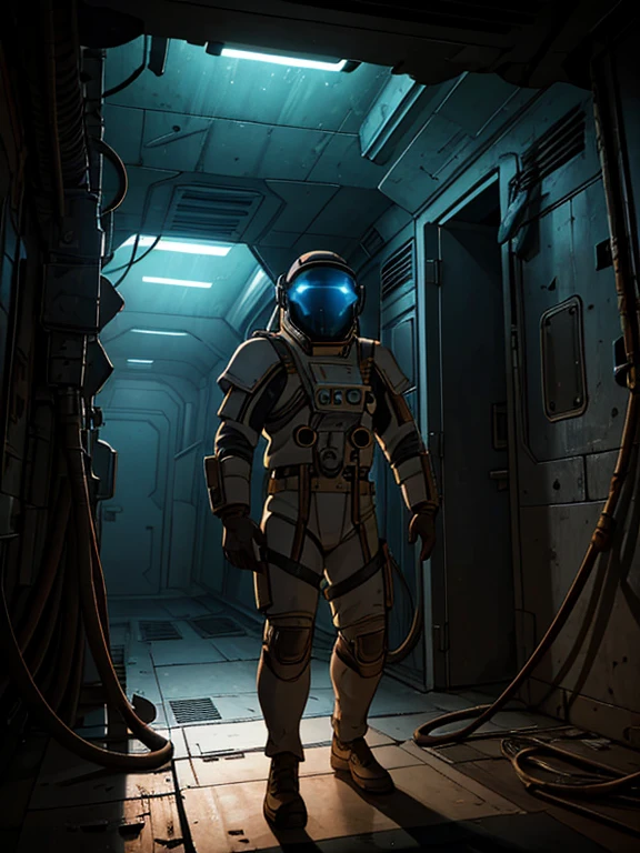 masterpiece, great detail, 1 Astronaut Soldier, looking straight ahead, White uniform, armor scifi, Alone, abandoned spaceship, wrecked ship, low light, destroyed hallways, Cables, Cables, Lights, darkness, alien in shadows...