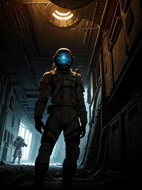 masterpiece, great detail, 1 Astronaut Soldier, looking straight ahead, White uniform, armor scifi, Alone, abandoned spaceship, wrecked ship, low light, destroyed hallways, Cables, Cables, Lights, darkness, alien in shadows...