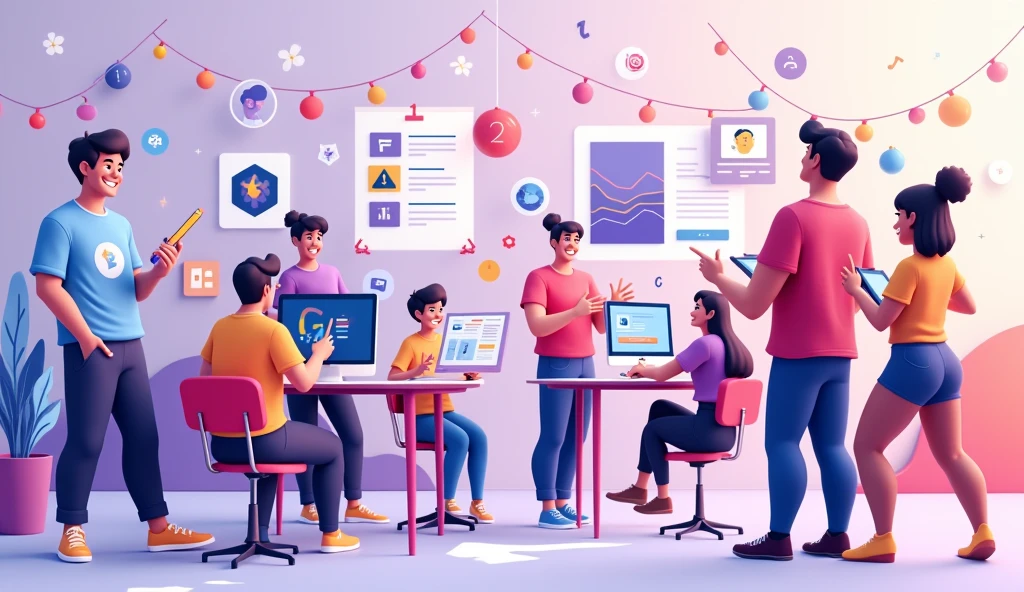 want a banner for your website that showcases learning and designing concepts related to Figma, LinkedIn, and Canva. Here's an idea:

Image description: A colorful banner featuring a group of small 3D cartoon humans engaged in various design-related activities, such as:

- One character designing a logo on Canva
- Another character creating a wireframe on Figma
- A third character networking on LinkedIn
- Others collaborating, brainstorming, and celebrating their design successes

The banner could include visual elements like colorful shapes, lines, and icons related to design and learning. The overall style could be playful, modern, and engaging, conveying the fun and creative aspects of learning design skills.
In purple and white colour palette  fun
Put my brand name nova hustlers in it
Mention name nova hustlers
