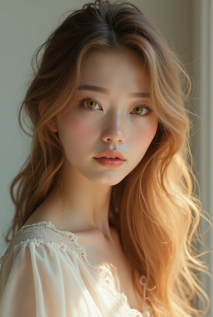 Generate an image of a woman with wavy hair, white skin tone, honey-colored eyes, and full lips