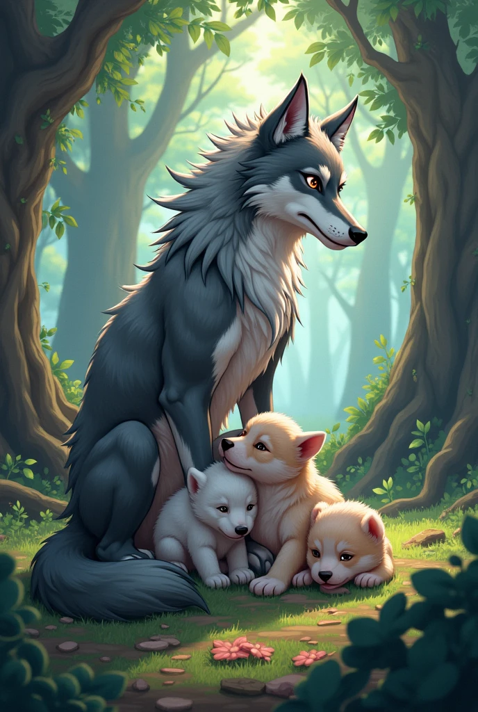 Create a wild anime-style image of a she-wolf caring for her pups.