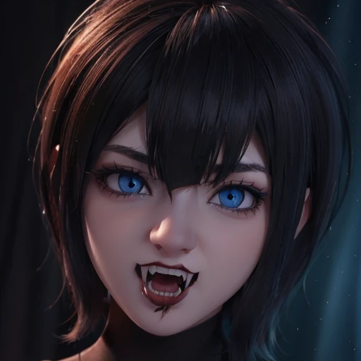 Face beautiful blue eyes short hair with bangs style bob, showing long fangs vampire, makeup, perfect detailed 3D rendering high resolution wallpaper fanart Stunning, nsfw 