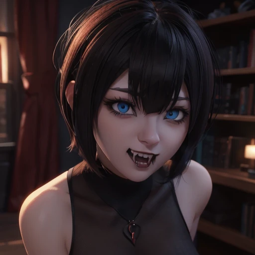 Face beautiful blue eyes short hair with bangs style bob, showing long fangs vampire, makeup, perfect detailed 3D rendering high resolution wallpaper fanart Stunning, nsfw