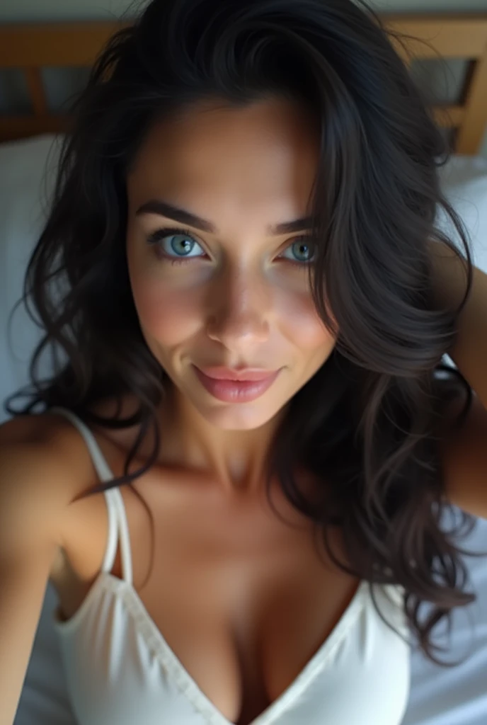 oeuvre d&#39;art, best quality),visage parfait, nice face, blue eyes, tetas grandes, nue sur un lit, wavy black hair ,selfie d&#39;a beautiful young woman, prise avec l&#39;appareil photo de l&#39;iPhone