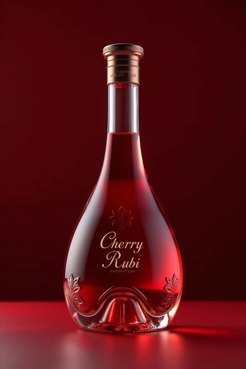 create a glass bottle for a cherry liqueur company, the name is: Cherry Rubi. The must transmit: elegance sophistication.