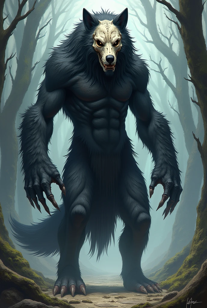 a creature with black fur covering its body, he wears a wolf skull and has, no clothing, anime styling. Average height