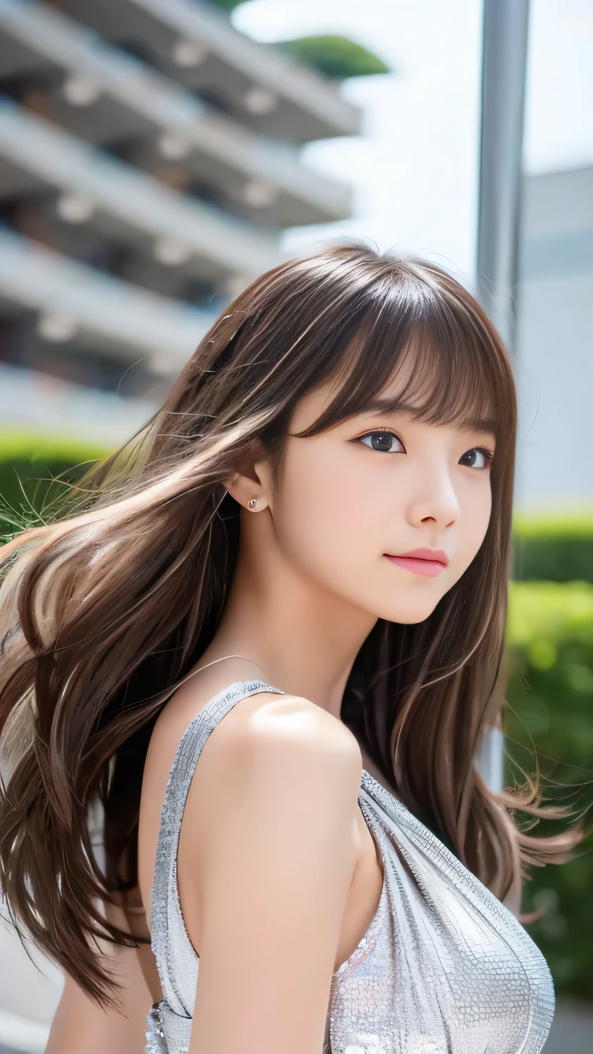 Sexy Big 、Sexy cute looks and cute 15 year old beautiful girl, beautiful and sexy face、A strong wind blows my hair in front of my face、Platinum Silver Shorthair、beautiful, Cute and sexy eyes hidden behind long bangs、Colorful Dresses