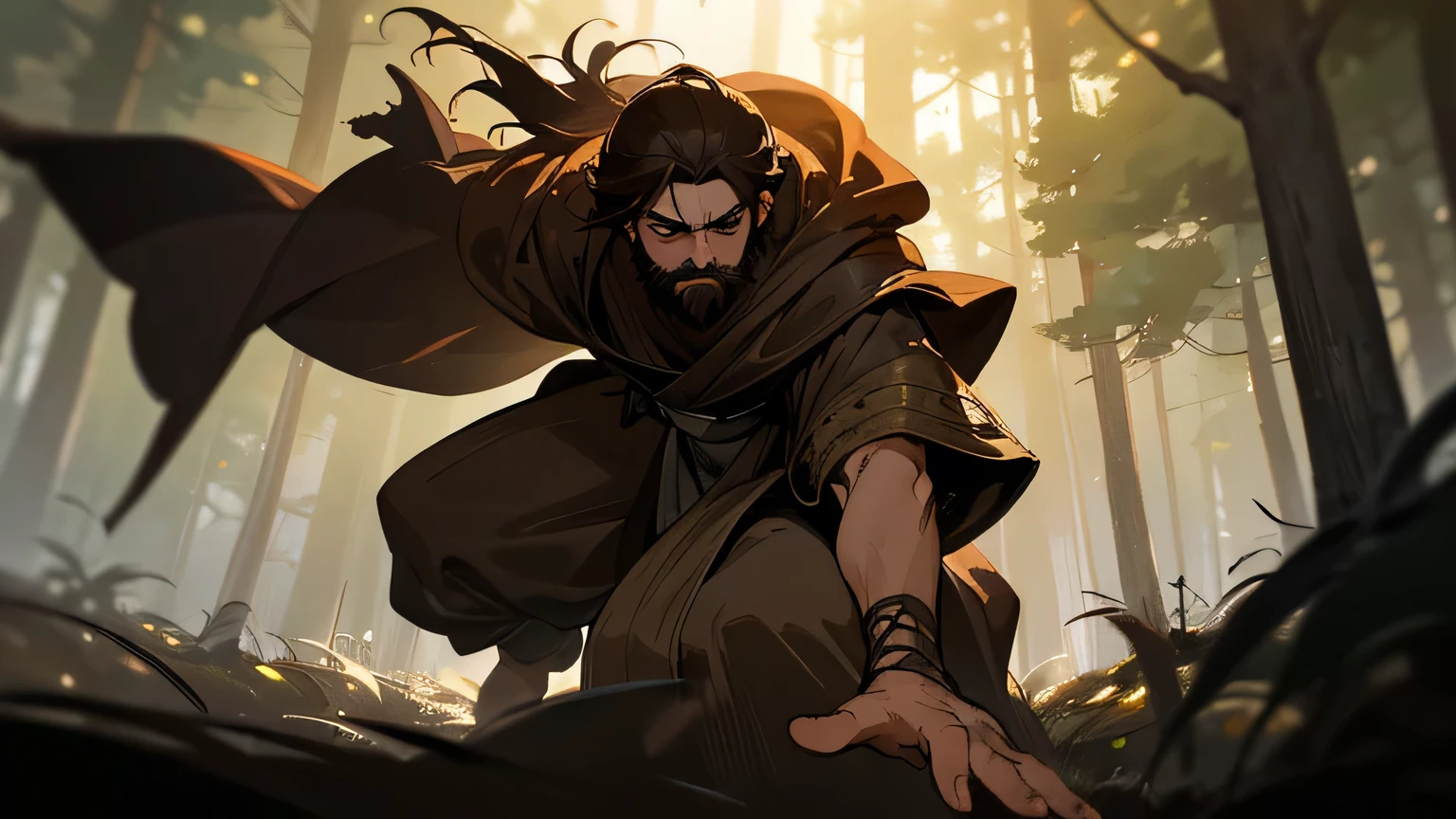 Scared man with dark brown beard, long dark brown hair, light yellowish brown eyes and dark brown and light brown robe from the 4th century BC, with a light brown cloak, about 50 years old, running in a dark and mysterious forest at night, running in the forest, moody lighting, hyper-realistic cinematic lighting,