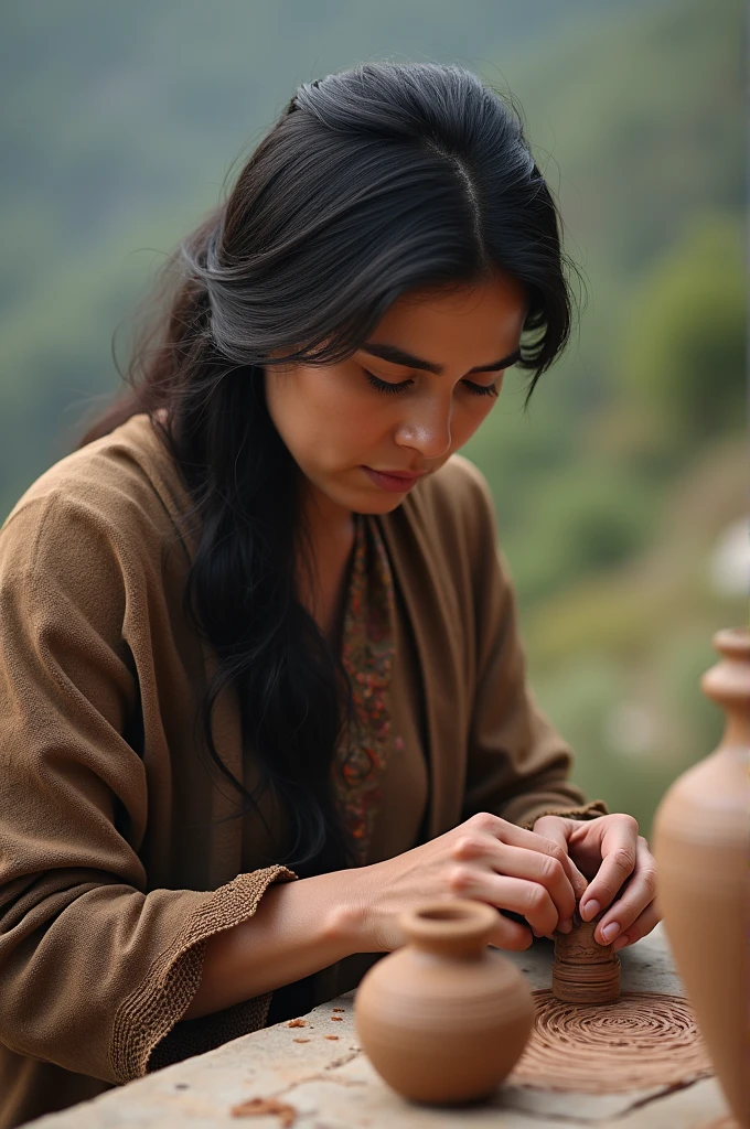 Beautiful woman of Kalash Valley, Pakistan, making pottery