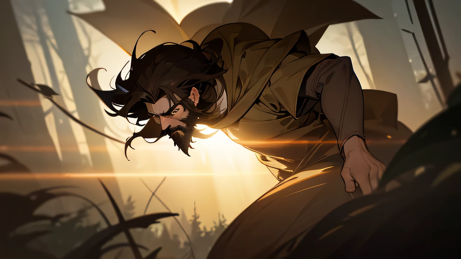 Scared man with dark brown beard, long dark brown hair, light yellowish brown eyes and dark brown and light brown robe from the 4th century BC, with a light brown cloak, about 50 years old, running in a dark and mysterious forest at night, running in the forest, moody lighting, hyper-realistic cinematic lighting,
