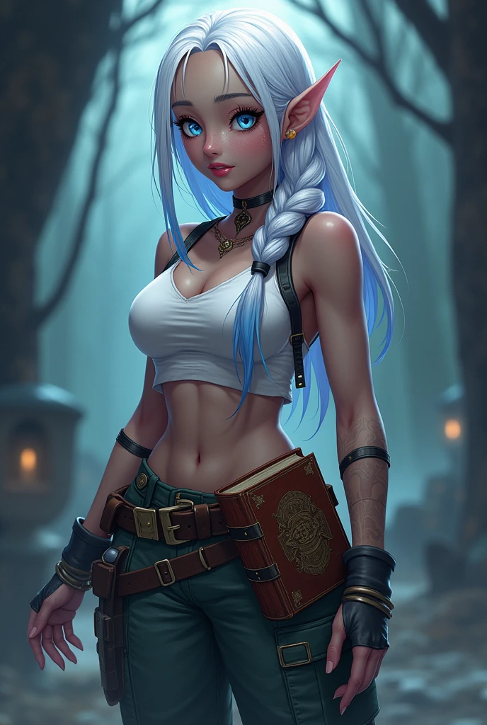 A girl with big breasts, that she is an elf, that she has white hair with blue at the ends, with a braid without bangs, that they have black skin , that she has long eyelashes, one eye blue and the other yellow, that she has cargo pants of those that are long, various belts, a white sleeveless top, gloves on hands, and an antique book in a leather bag on her waist, with an Anime style that's not very realistic