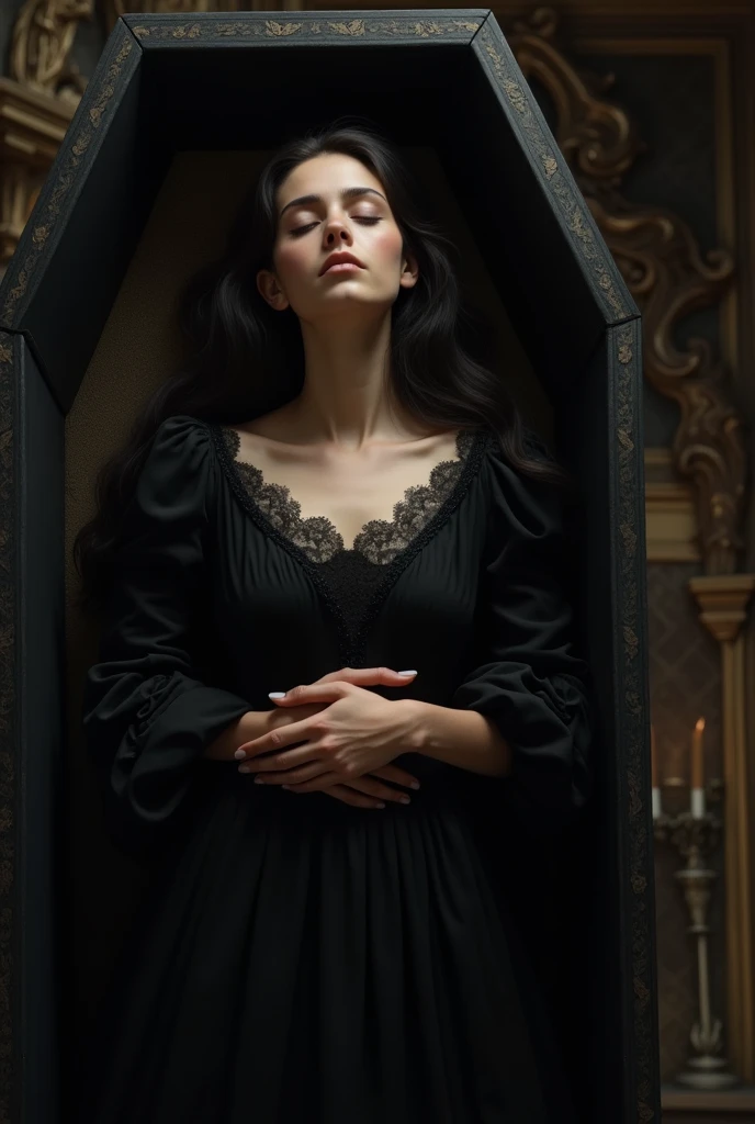 European girl, lies in a coffin in a chic black dress with closed eyes and black hair. It all happens in the Middle Ages