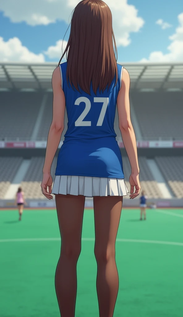 best quality, masterpiece, ultra high resolution, highly detailed, photorealistic, professional lighting, 1 girl, long straight brown hair draped over her shoulder, (royal blue sleeveless ladies polo shirt:1.3), (huge breasts:1.3), white pleated skirt, (brown pantyhose:1.5), (standing feet together:1.3), (in white lettering the phrase “27” on her back:1.3), (small hips:1.2), small butt, (thin:1.1), skinny girl, short, (155 centimeters tall:1.2), athletic, (ideal female body:1.2), (low wedge heel booties:1.2), long toned legs, field hockey player, (view her from behind:1.2), (all of the woman is in view:1.1), I want to see her legs, feet in view, backdrop of a sports arena