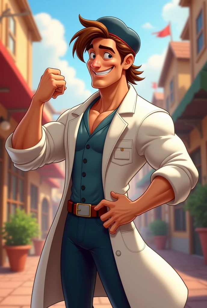  with Disney movie features, brown hair, pharmacist's coat, one hand on his waist and the other showing his strong muscle, happy and wearing a dark blue and red cap