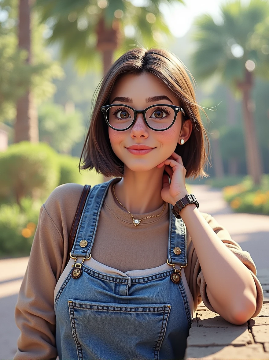 Pixar style image with 3D character black glasses brunette woman short hair, Maquiagem Disney,Pescador, bonitinho, sorridente ,Close-up, Pixar, Disney, Cinema lighting,