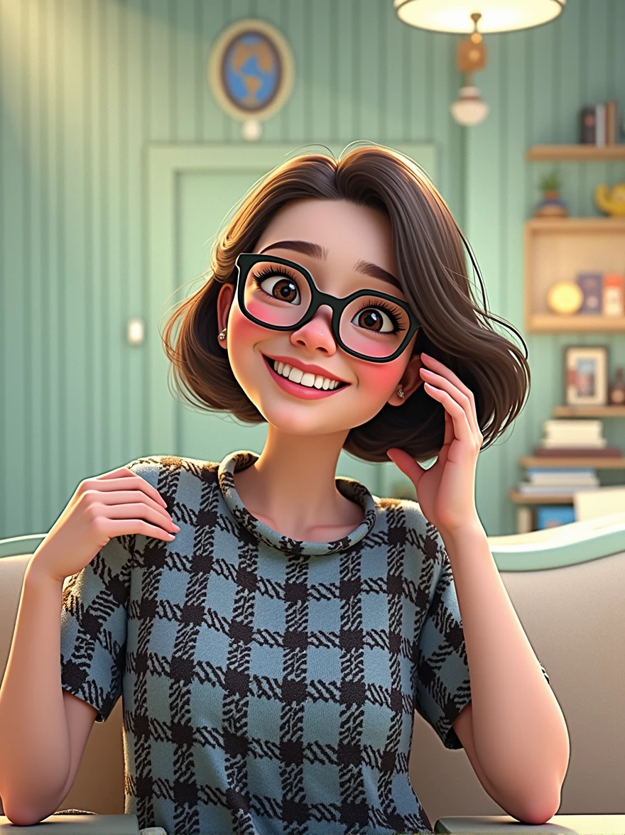 Pixar style image with 3D character black glasses brunette woman short hair, Maquiagem Disney,Pescador, bonitinho, sorridente ,Close-up, Pixar, Disney, Cinema lighting,