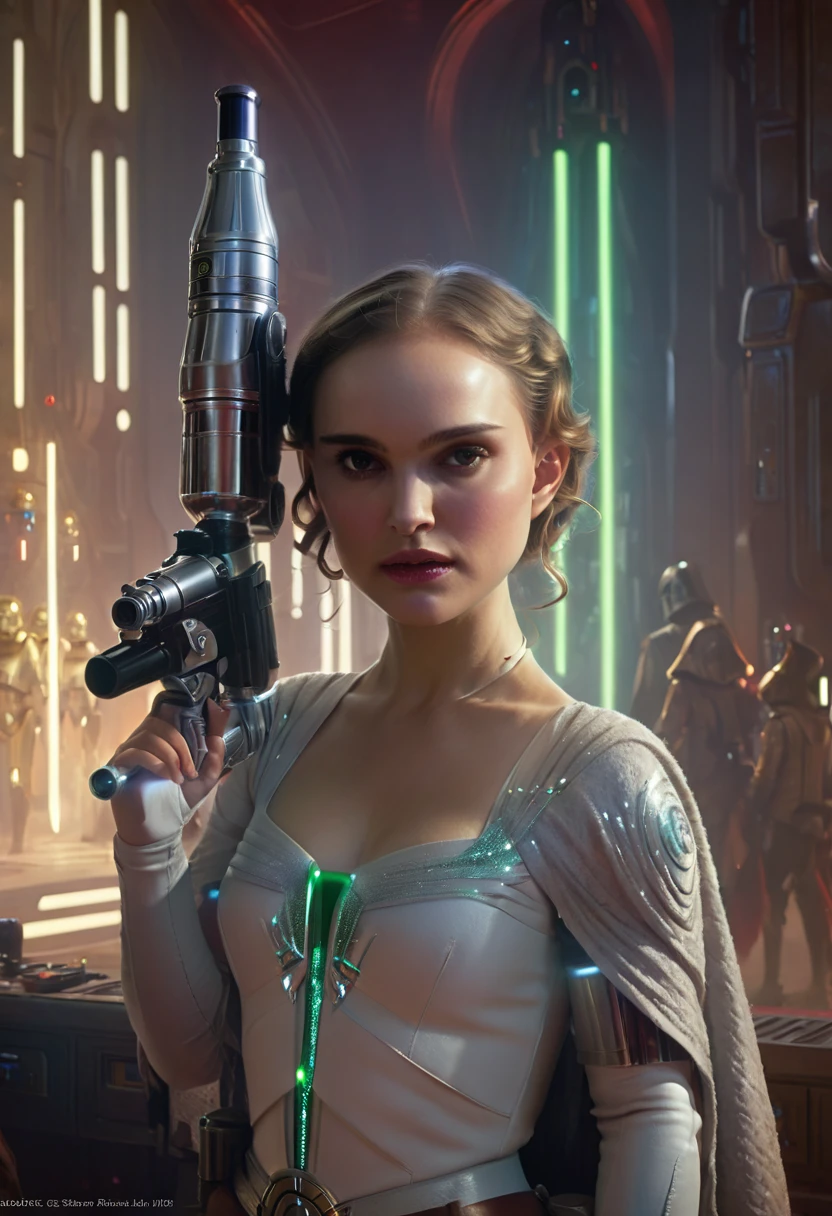 Natalie Portman in Star Wars, masterpiece, blaster, Best Quality, (Extremely detailed CG unity 8k wallpaper), (Best Quality), (best illustration), (best shadow), absurdities, Realistic lighting, (Abyss), beautiful detailed glitter, arte de PeterMohrBacher,