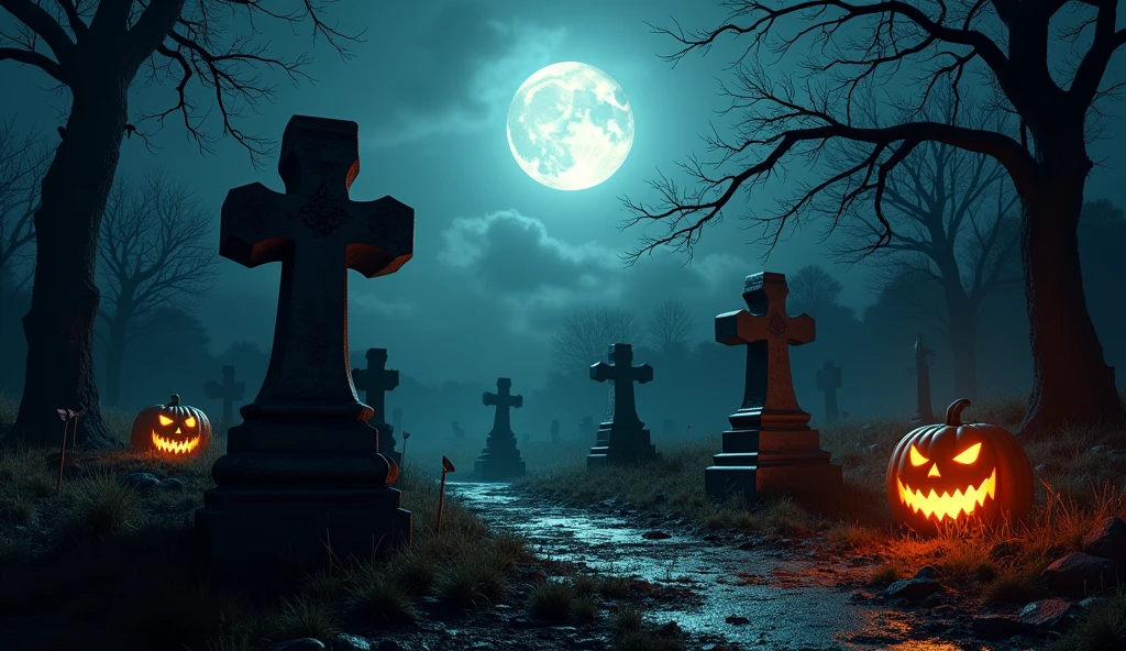 A realistic Halloween background with a dark, moonlit graveyard, crooked tombstones, a few scattered jack-o'-lanterns, and leafless trees silhouetted against the night sky