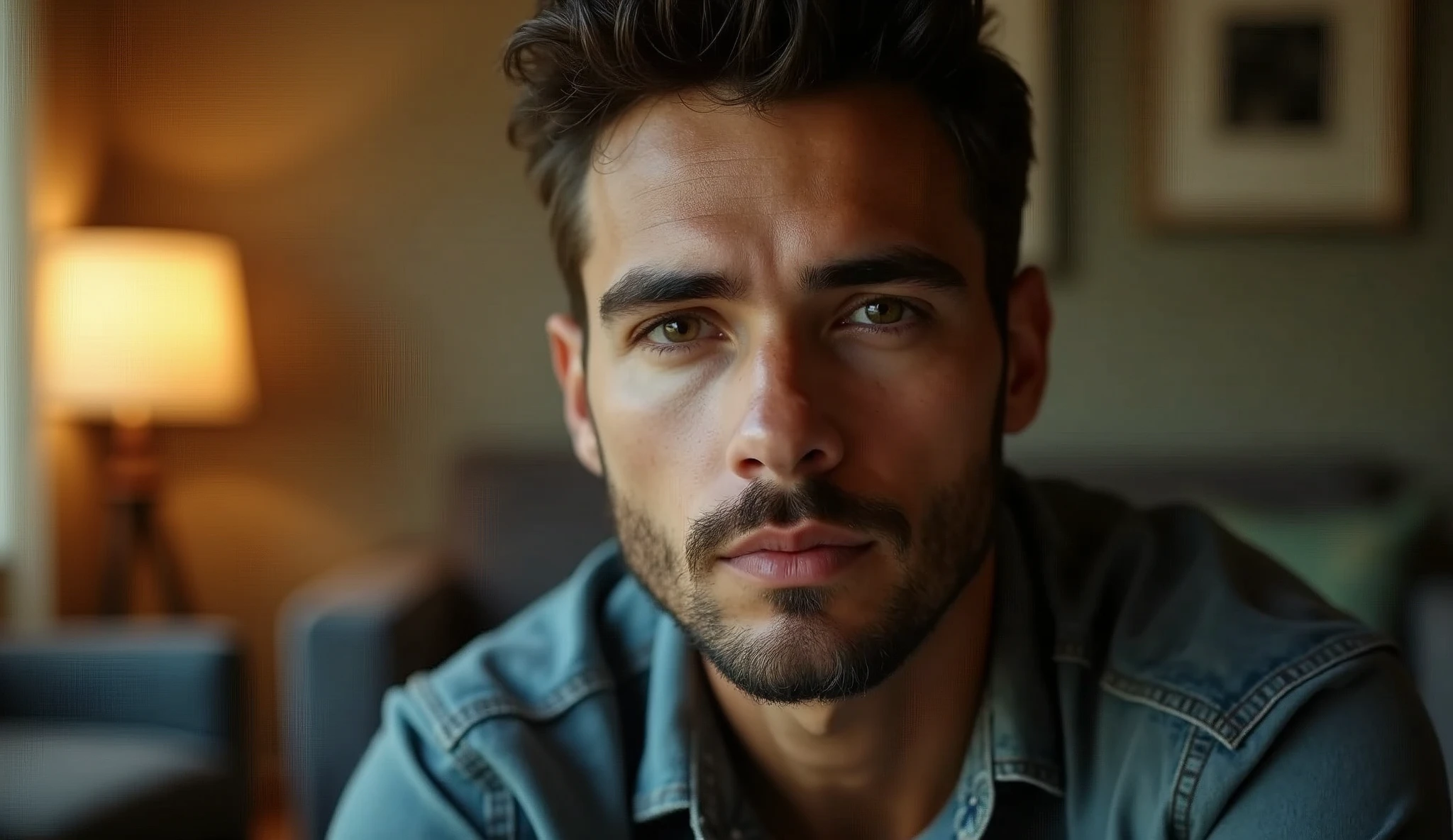 Portrait of a 35-year-old adult man with a youthful appearance, with himself as the main subject. He should have short, slightly wavy dark brown hair and a sparse beard evenly distributed across his face, as well as a serious, thoughtful expression, looking directly at the camera. He is in an indoor environment, suggesting a living room in a house, with warm natural external lighting coming from the side, creating a soft effect that creates diffuse shadows that highlight the texture of the skin and the brightness of the eyes, as well as emphasizing the angular features of the face. The background should be wide and blurred, giving a tone of depth, focusing on the main subject, and should suggest Items such as a sofa, armchair, paintings on the wall, a potted plant, a lamp lit in a bokeh effect and whatever else makes up a living room in a house should be present, but blurred so as not to distract the man's attention. The image should convey an introspective feeling, with a touch of mystery and contemplation. The photograph should capture extreme detail, with high-quality rendering in 8k, maintaining the serene and enigmatic atmosphere. High quality photography, 8k rendering, extreme detail, realistic portrait, introspective atmosphere, soft and diffused lighting, natural light.