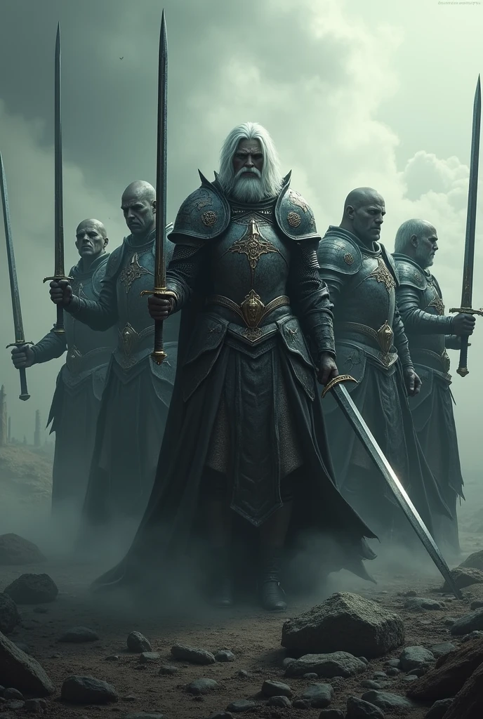 there are many men in armor riding horses in a field, the hobbit orc concept, still frame from a movie, spherical black helmets, wears a light grey crown, cyberpunk black metal band, miners, pvc armor, caravan, movie screenshot, shoulders can be seen, elves, dark garments