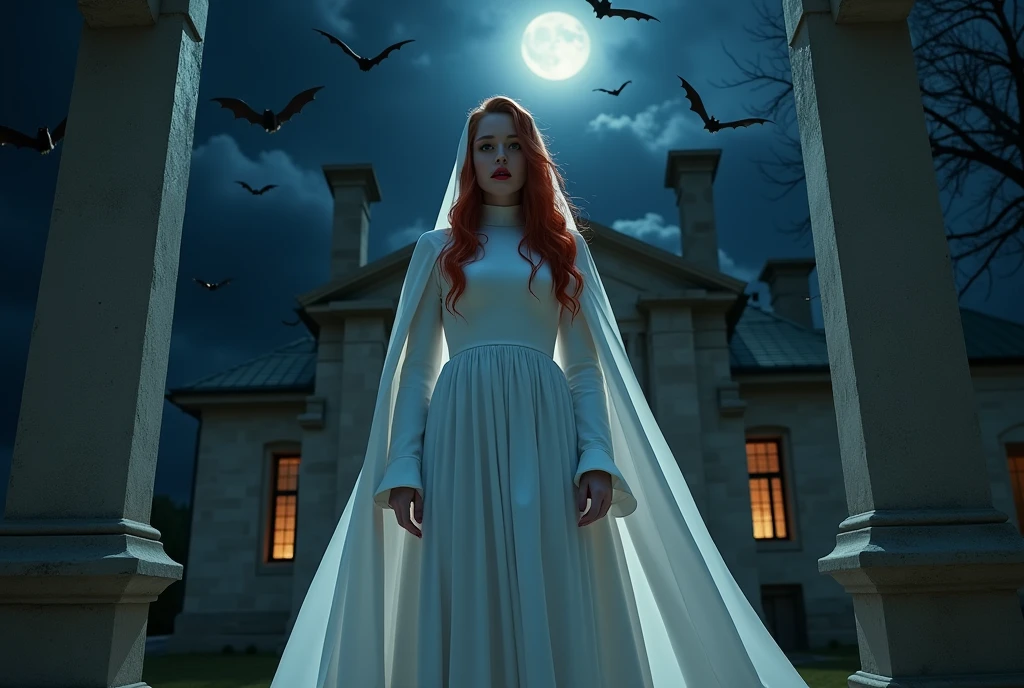 (no nudity: 1.5), a picture of an exquisite beautiful female nun vampire standing under the starry night sky on the porch of her monastery, (pale skin: 1.3), red hair, wavy hair, dynamic eyes color, cold eyes, glowing eyes, intense eyes, dark red lips, ((fangs: 1.1)), wearing (white nun uniform: 1.3), long cloak, flowing cloak, wearing (high heeled boots: 1.3), sky full of stars background, moon, bats flying about, action shot, high details, best quality, 16k, ((ultra detailed: 1.5)), masterpiece, best quality, portrait shot, photorealism, dark fantasy art, gothic art, many stars, sense of dread, GlowingRunesAI_red, Cinematic Hollywood Film style, , dark novel, Cinematic Hollywood Film style