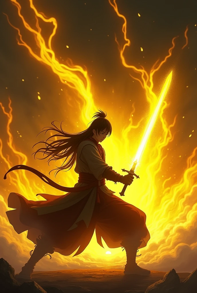((Best Quality)), ((masterpiece)), ((detailed)), ((High Definition)), a magical light of aura of sword cuts in anime style, all the color yellow magic light, with the black silhouette of a swordsman in the center, dynamic movements, fighting pose, quick cut, running fast forward, with the magic ray of light on his back, cutting the air multiple times, as it moves forward, sword technique. With a black background.