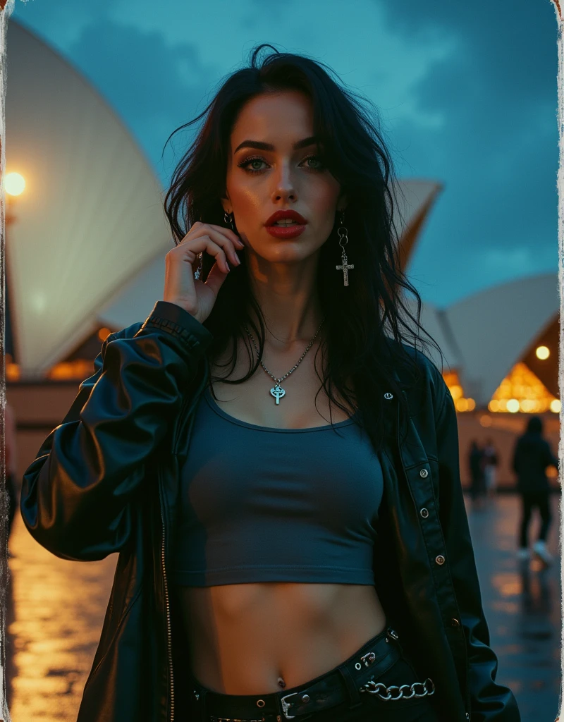 Waist length portrait, Sharp images, clear photo, photorealistic texture shot, 20 years old woman, she has very black wavy hair, she has breast size 1.3, she is dressed in metalhead style clothes (black jacket with studs, thin blue t-shirt, black pants with chains), very realistic clothing details, she has cross-shaped earrings, detailed and realistic skin (very realistic skin not photoshop), facial expressions and low porosity, lips marked with red lipstick, flirtatious look, big light green eyes, bold black eye shadows, huge eyelashes, beautiful dark green eyes, she is smiling slightly in a mysterious way, beautiful teeth, she has one hand behind her head, and the other near her mouth, hyperrealism, very detailed, realistic photo, taken on an old camera, polaroid, In front of the Sydney Opera House, it is nighttime, with blue-black clouds, in the background there are bright street lights and some people walking (detailed background)