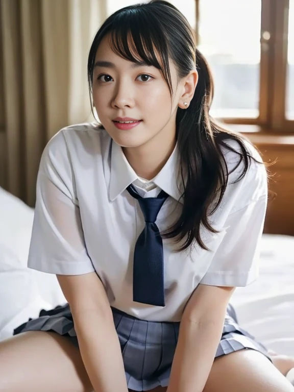 (Masterpiece, Best quality:1.3), (Ultra realistic, Photo-realistic:1.2), kneeling, Natural light, 28 years old actress, Japanese beautiful 2 women, Neat and clean, (School uniform:1.2), (White shirts:1.1), (Short sleeve:1.1), (Dark navy pleated skirt:1.1), (Dark navy tie), (unbutton shirts:1.3), White sock, (Ponytail:1.2), (Beautiful faces), Oval face, clear, Beautiful eyes, Kind eyes, Clear skin, Small face, Beautiful mouth, Small mouth, Natural makeup, Approachable, Seductive smile, (Seductive pose:1.2), Beautiful thighs, Bedroom eyes, Embarrassed, Blush, Luxury hotel Suite room, On bed, (nsfw:1.2), (lesbian couple, petting together:1.1), obscene reality of girls, Spread legs,