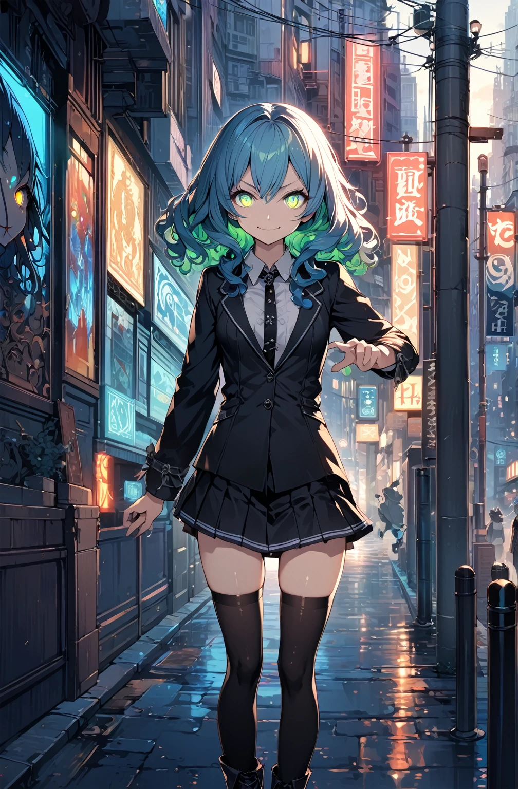 city background,original,(illustration:1.1),(best quality),(masterpiece:1.1),(extremely detailed CG unity 8k wallpaper:1.1), (colorful:0.9),(mid shot:0.95),(highly detailed beautiful face and body),(solo:1.2), (girl),(((adult))), (detailed beautiful eyes:1.15), (beautiful face:1.15), (glowing green eyes:1.25////),((jewel-like eyes)),(petite),(cute girl),(((blue medium hair))),(wavy hair),((wavy hair)),(+perfect hand+:1.21),(gothic school uniform),(Religious),(slender),(black clothes),(gothic ribbon),ribbon tie,small breasts,miniskirt,gothic boots,black thighhighs,slim body,(evil smile),detailed background,city street,eluding,((adult)),
