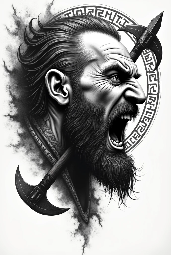 Create a black and white tattoo of a Viking's face in pointillism, profile view, screaming, with Viking runes and sharp axes for a tattoo.