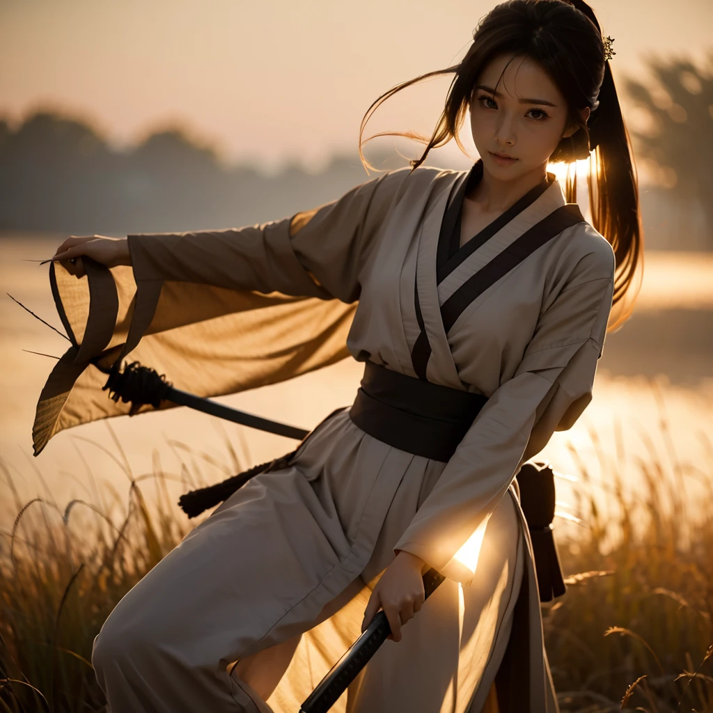 A lone samurai woman standing in a peaceful field at dusk, ready to draw her katana. She is wearing traditional samurai attire from the Sengoku period of Japan, consisting of a black and dark brown kimono-style robe with wide sleeves, tied with a dark obi around her waist. Her right hand is gripping the hilt of her katana, positioned near her waist as she prepares to draw it, while her left hand is steadying the sheath. Her posture is tense but focused, capturing the precise moment before action. Her hair is tied up in a traditional warrior style, and her face shows calm determination. The scene is set in a quiet field with tall grasses swaying gently in the wind, under the fading light of dusk. The color palette is soft and muted, with earthy tones for both the environment and her attire, and the background is simple, with birds flying in the distance."Additional Parameters:Style: Realistic, with a focus on action and tension in the poseLighting: Soft dusk lighting with warm, fading sunlight casting long shadowsColors: Dark black and brown tones for the attire, earthy and muted tones for the grass and skyComposition: The samurai woman centered, in a poised stance, with her katana halfway drawn, the quiet field around her creating a sense of serenity and focusEnvironment: Quiet field at dusk, soft wind moving the tall grass, birds flying in the distance