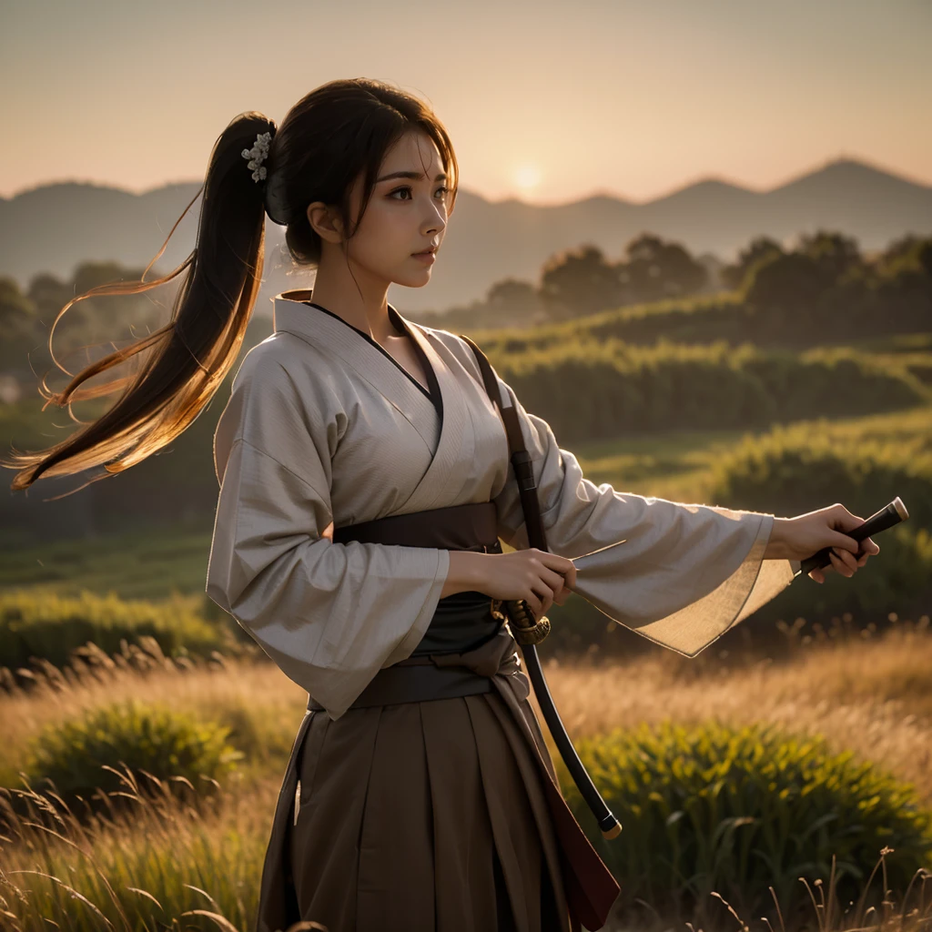 A lone samurai woman standing in a peaceful field at dusk, ready to draw her katana. She is wearing traditional samurai attire from the Sengoku period of Japan, consisting of a black and dark brown kimono-style robe with wide sleeves, tied with a dark obi around her waist. Her right hand is gripping the hilt of her katana, positioned near her waist as she prepares to draw it, while her left hand is steadying the sheath. Her posture is tense but focused, capturing the precise moment before action. Her hair is tied up in a traditional warrior style, and her face shows calm determination. The scene is set in a quiet field with tall grasses swaying gently in the wind, under the fading light of dusk. The color palette is soft and muted, with earthy tones for both the environment and her attire, and the background is simple, with birds flying in the distance."Additional Parameters:Style: Realistic, with a focus on action and tension in the poseLighting: Soft dusk lighting with warm, fading sunlight casting long shadowsColors: Dark black and brown tones for the attire, earthy and muted tones for the grass and skyComposition: The samurai woman centered, in a poised stance, with her katana halfway drawn, the quiet field around her creating a sense of serenity and focusEnvironment: Quiet field at dusk, soft wind moving the tall grass, birds flying in the distance