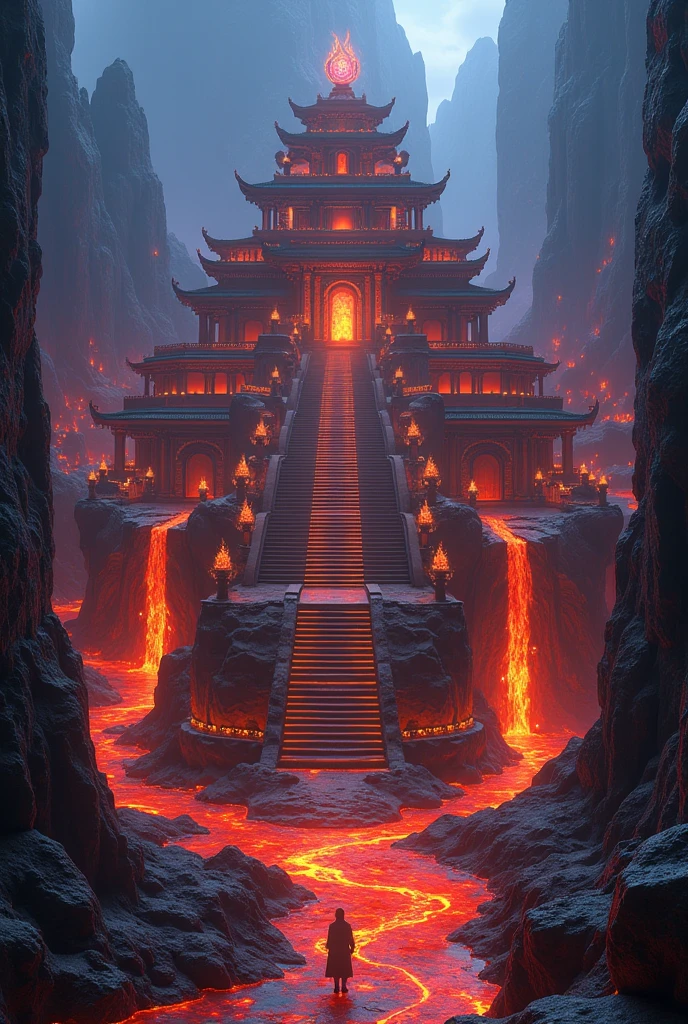 An old fire and lava temple with its city, in between obsidian and volcanic rocs. Red and blue flames and lava, adorn the summerian buildings. Rivers and waterfalls of fire and lava flow between the buildings. There is a fire forest as well, with flame-plants. A fairylike aesthetic. A staircase at the front of the biggest building. Tons of houses and smaller temples around.