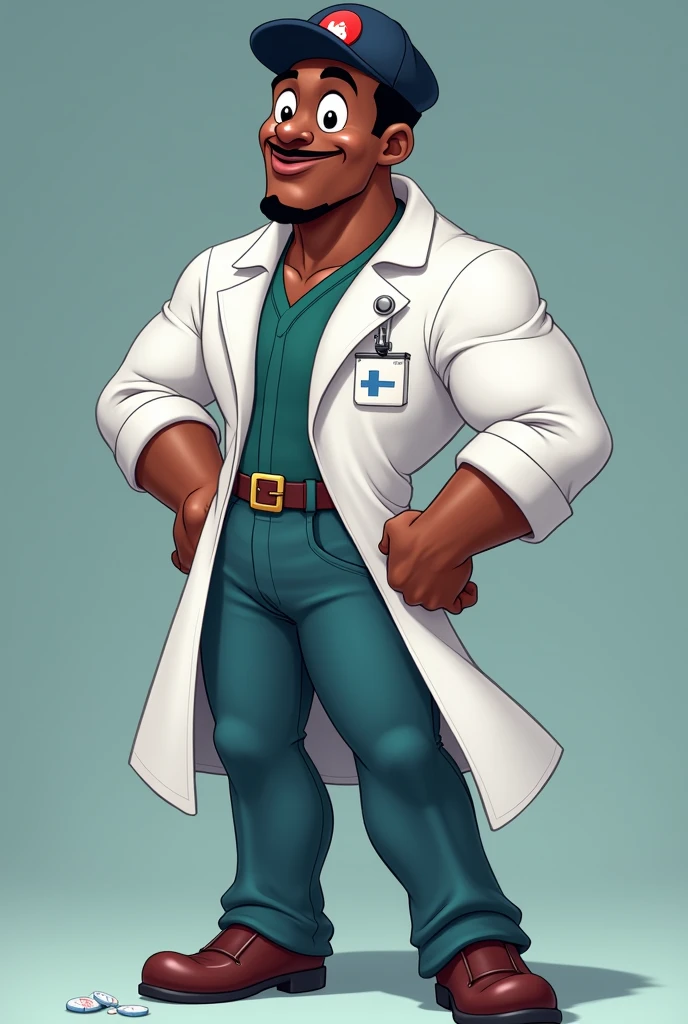 Black man with Disney movie characteristics wearing a pharmacist's coat, one hand on his waist and the other showing his strong muscle, happy and wearing a dark blue and red cap