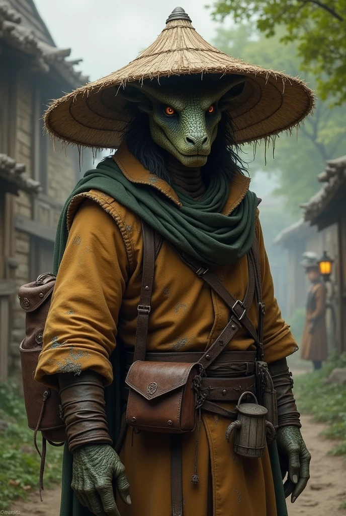 Dragonborn D&He wore a worn, medium-sized straw hat and a small pouch at his waist.