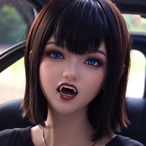 Face beautiful blue eyes short hair with bangs style bob, showing long fangs vampire, makeup, perfect detailed 3D rendering high resolution wallpaper fanart Stunning, nsfw