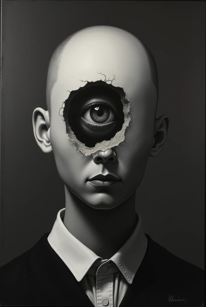A monochromatic portrait of a person with a unique feature: a large, irregularly shaped hole in the center of their face, revealing an eye inside. The eye is detailed, with a prominent iris and pupil. The person's neck and part of their attire are visible, suggesting they might be wearing a collared shirt or jacket. The background is plain and dark, putting emphasis on the subject., photo, painting