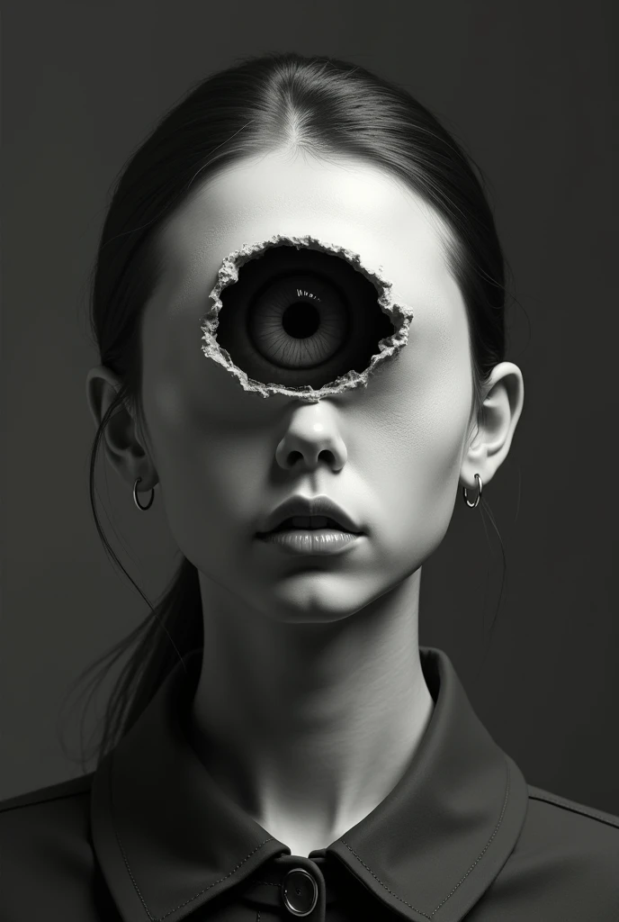 A monochromatic portrait of a person with a unique feature: a large, irregularly shaped hole in the center of their face, revealing an eye inside. The eye is detailed, with a prominent iris and pupil. The person's neck and part of their attire are visible, suggesting they might be wearing a collared shirt or jacket. The background is plain and dark, putting emphasis on the subject., photo, painting