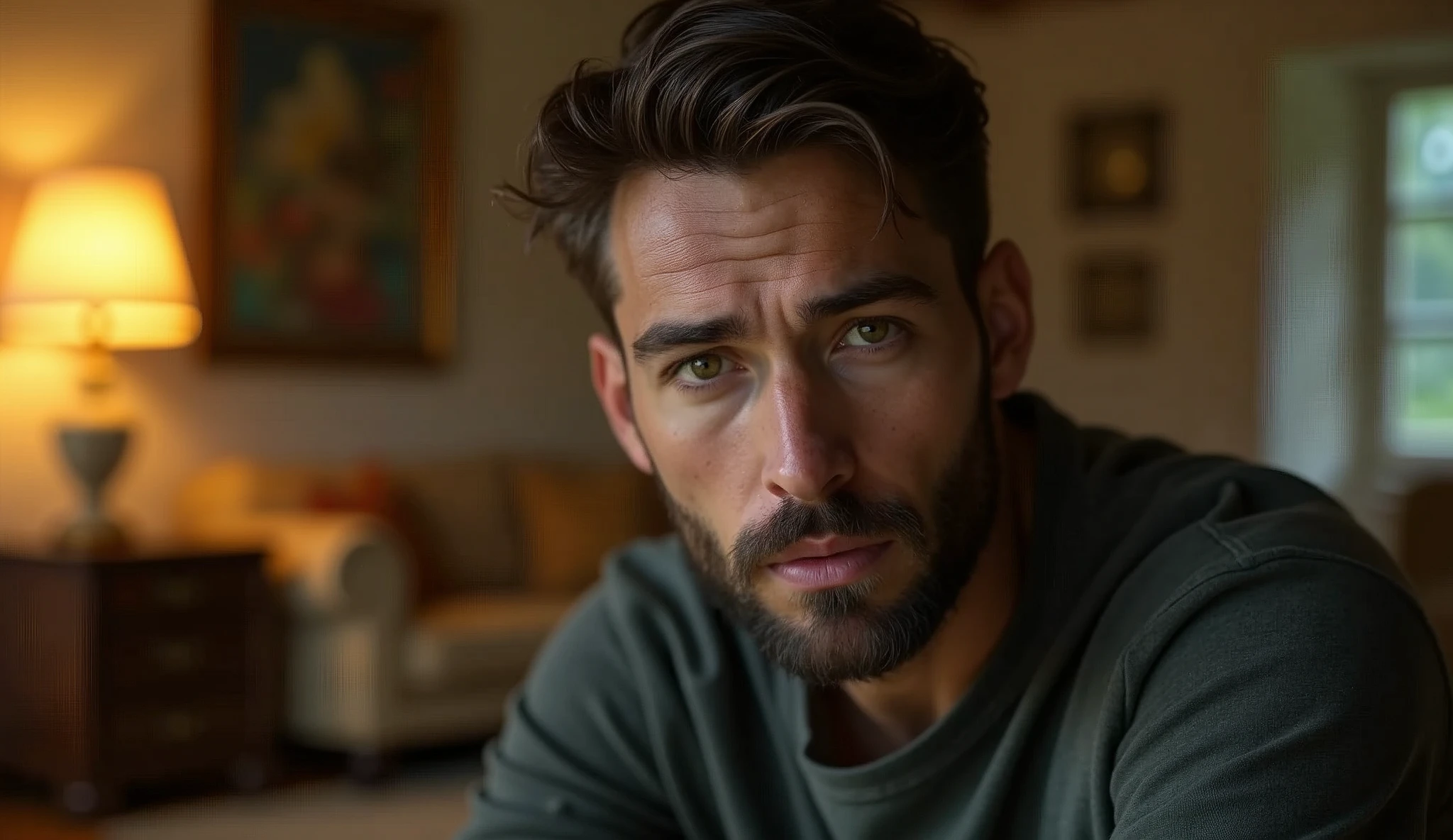 Portrait of a 35-year-old adult man with a youthful appearance, with himself as the main subject. He should have short, slightly wavy dark brown hair and a sparse beard evenly distributed across his face, as well as a serious, thoughtful expression, looking directly at the camera. He is in an indoor environment, suggesting a living room in a house, with warm natural external lighting coming from the side, creating a soft effect that creates diffuse shadows that highlight the texture of the skin and the brightness of the eyes, as well as emphasizing the angular features of the face. The background should be wide and blurred, giving a tone of depth, focusing on the main subject, and should suggest Items such as a sofa, armchair, paintings on the wall, a potted plant, a lamp lit in a bokeh effect and whatever else makes up a living room in a house should be present, but blurred so as not to distract the man's attention. The image should convey an introspective feeling, with a touch of mystery and contemplation. The photograph should capture extreme detail, with high-quality rendering in 8k, maintaining the serene and enigmatic atmosphere. High quality photography, 8k rendering, extreme detail, realistic portrait, introspective atmosphere, soft and diffused lighting, natural light.
